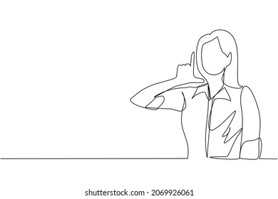 Single one line drawing unhappy woman showing loser sign on forehead with fingers. Stressed trendy person gesturing hand over head. Female making 'L' symbol. Continuous line draw design graphic vector