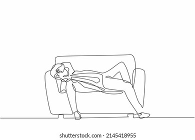 Single one line drawing unhappy businessman sad tired sleepy mood resting sofa  Frustrated worker holding his head lying sofa  Stressed   anxiety failure  Continuous line draw design vector