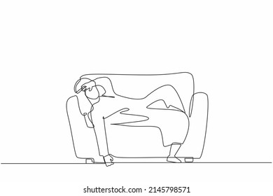 Single one line drawing unhappy Arab businessman tired sleepy mood resting on sofa. Frustrated worker holding his head lying on sofa. Stressed, anxiety on failure. Continuous line draw design vector