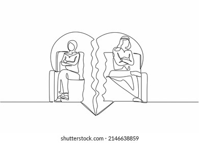 Single one line drawing unhappy stubborn Arab couple sit separate on cut couch have family fight or quarrel. Angry mad man and woman lovers avoid ignore talking. Continuous line design graphic vector