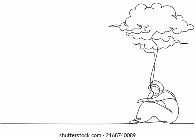 Single one line drawing unhappy Arabian businesswoman feeling sad, depression sitting under rain cloud. Depressed worker in stress with problem. Continuous line draw design graphic vector illustration