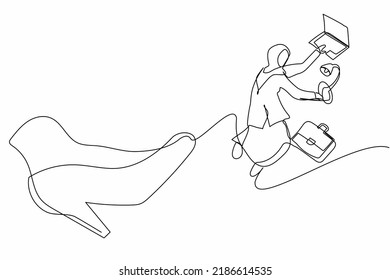 Single one line drawing unhappy Arabian businesswoman kicked out of work with office supplies. Manager being fired. Staff reduction. Minimal metaphor. Continuous line draw design vector illustration