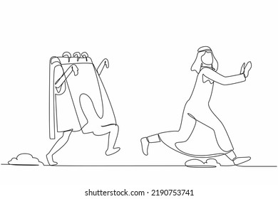 Single one line drawing unhappy Arabian businessman being chased by calendar. Office employee exhausted with rush project schedule. Minimal metaphor. Continuous line design graphic vector illustration