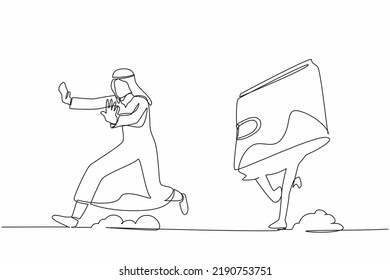 Single one line drawing unhappy Arab businessman being chased by wallet. Losing money or business profit. Cannot pay the bill. Minimal metaphor. Continuous line draw design graphic vector illustration