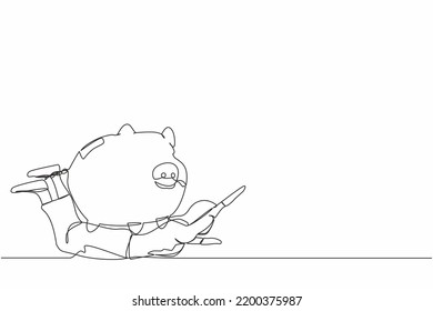 Single one line drawing unhappy businesswoman under heavy piggy bank burden. Executive manager with financial problems. Losing money in economic crisis. Continuous line draw design vector illustration