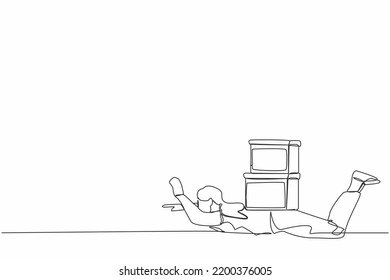 Single one line drawing unhappy businesswoman under heavy stack boxes burden. Stress at work. Bureaucracy, paperwork, big data concept. Modern continuous line draw design graphic vector illustration