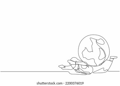 Single one line drawing unhappy businesswoman under heavy globe burden. Natural resources, earth exploitation, industrial pollution. World economic crisis. Continuous line design vector illustration