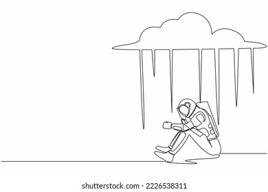 Una sola línea dibujando a un astronauta infeliz sintiendo estrés y tristeza. Sentado bajo la nube debido al fracaso de la expedición espacial. Espacio de galaxia cósmica. Ilustración continua de diseño gráfico de línea