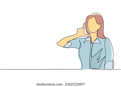 Single one line drawing unhappy woman showing loser sign on forehead with fingers. Stressed trendy person gesturing hand over head. Female making 'L' symbol. Continuous line draw design graphic vector