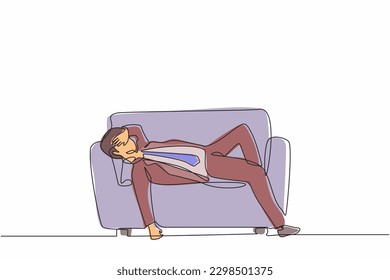 Single one line drawing unhappy businessman sad tired sleepy mood resting sofa  Frustrated worker holding his head lying sofa  Stressed   anxiety failure  Continuous line draw design vector