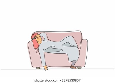 Single one line drawing unhappy Arab businessman tired sleepy mood resting sofa  Frustrated worker holding his head lying sofa  Stressed  anxiety failure  Continuous line draw design vector