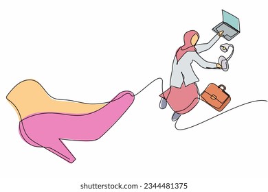 Una sola línea dibujando a una infeliz empresaria árabe expulsada del trabajo con suministros de oficina. Administrador en despido. Reducción del personal. Mínima metáfora. Ilustración vectorial de dibujo de línea continua