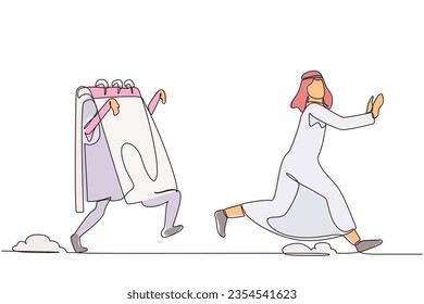 Single one line drawing unhappy Arabian businessman being chased by calendar. Office employee exhausted with rush project schedule. Minimal metaphor. Continuous line design graphic vector illustration