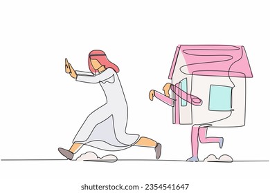 Single one line drawing unhappy Arab businessman being chased by house. Office employee refuse price increase of housing loan. Minimal metaphor. Continuous line draw design graphic vector illustration