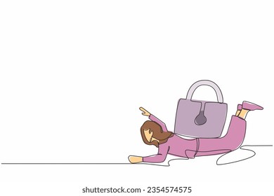 Una sola línea dibujando a una infeliz mujer de negocios bajo una pesada carga de teclado. El problema del desempleo y la deuda o el concepto de bancarrota, deprimió a los trabajadores moribundos. Ilustración vectorial de diseño gráfico de línea continua