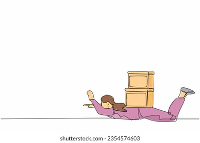 Single one line drawing unhappy businesswoman under heavy stack boxes burden. Stress at work. Bureaucracy, paperwork, big data concept. Modern continuous line draw design graphic vector illustration