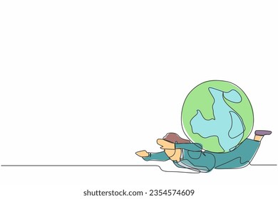 Single one line drawing unhappy businesswoman under heavy globe burden. Natural resources, earth exploitation, industrial pollution. World economic crisis. Continuous line design vector illustration