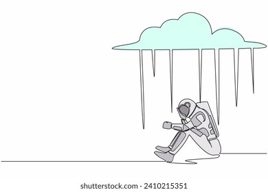 Single one line drawing unhappy astronaut feeling stress and sad. Sitting under rain cloud due to space expedition failure. Cosmic galaxy space. Continuous line draw graphic design vector illustration