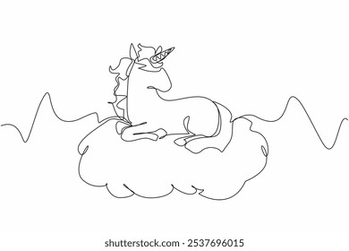 Single one line drawing unicorn sitting on a cloud. A depiction of a calming paradise. Peaceful. Fantasy. Equine. Character. Folklore. National Unicorn Day. Continuous line design graphic illustration