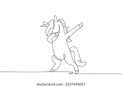 Single one line drawing unicorn standing while doing dabbing pose. The cheerful one. A character who entertains anyone. Mythology. National Unicorn Day. Continuous line design graphic illustration