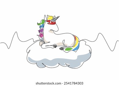 Single one line drawing unicorn sitting on a cloud. A depiction of a calming paradise. Peaceful. Fantasy. Equine. Character. Folklore. National Unicorn Day. Continuous line design graphic illustration