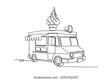 Single one line drawing Van with ice cream. Vans for street food selling. Car concept. Continuous line draw design graphic vector illustration.