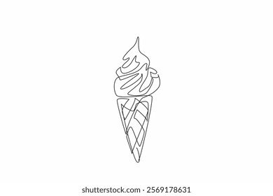 Single one line drawing vanilla ice cream cone topped with melted chocolate. Enjoy in the park. On the beach. In the summer. National Chocolate Custard Day. Continuous line design graphic illustration
