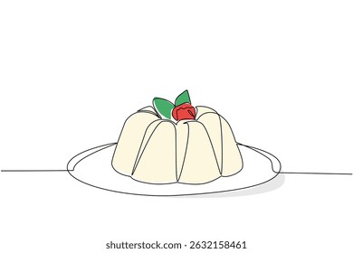 Single one line drawing vanilla pudding with raspberries topping on a plate. Complementary snacks after lunch. Delicious. National Vanilla Pudding Day. Continuous line design graphic illustration
