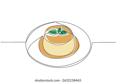 Um único pudim de baunilha de desenho linha coberto com folhas de hortelã e molho de caramelo na placa. Apresentação simples, mas luxuosa. Dia Nacional do Pudim de Baunilha. Ilustração gráfica de design de linha contínua