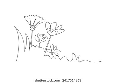 Single one line drawing of variation of flowers at the garden, watering houseplants growing in greenhouse with watering can. Continuous line draw design graphic vector illustration