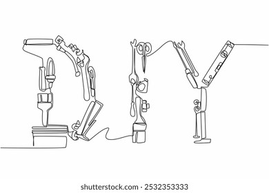 Una sola línea dibujando varias herramientas de carpintería ensambladas para formar DIY. Una intención y habilidad. Reparando los daños en la casa. Edificio. Día Nacional del bricolaje. Ilustración gráfica de diseño de línea continua