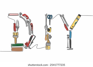 Una sola línea dibujando varias herramientas de carpintería ensambladas para formar DIY. Una intención y habilidad. Reparando los daños en la casa. Edificio. Día Nacional del bricolaje. Ilustración gráfica de diseño de línea continua