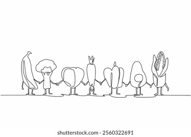 Single one line drawing various foods become characters and while holding hands. Spend or do not buy too much. Avoid wasteful behavior. Stop Food Waste Day. Continuous line design graphic illustration