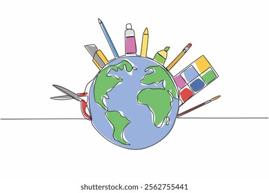 Single one line drawing various art tools around the globe. Art makes life in the world colorful. Pleasant. Excitement. Channeling hobbies. World Art Day. Continuous line design graphic illustration