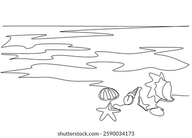 Single one line drawing various shells and starfish on the beach. Guardians of a healthy marine ecosystem. Ecosystem diversity generator. Mother Ocean Day. Continuous line design graphic illustration