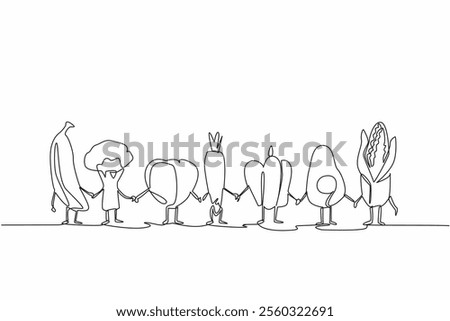Single one line drawing various foods become characters and while holding hands. Spend or do not buy too much. Avoid wasteful behavior. Stop Food Waste Day. Continuous line design graphic illustration