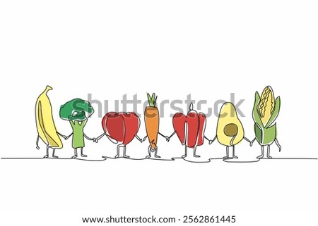 Single one line drawing various foods become characters and while holding hands. Spend or do not buy too much. Avoid wasteful behavior. Stop Food Waste Day. Continuous line design graphic illustration