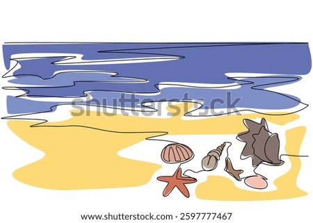 Single one line drawing various shells and starfish on the beach. Guardians of a healthy marine ecosystem. Ecosystem diversity generator. Mother Ocean Day. Continuous line design graphic illustration