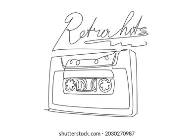 Single one line drawing vector illustration of tape spelling word retro hits. Hand drawing print design. Tape and slogan. Modern musical print. Vintage music icon. Continuous line draw design graphic