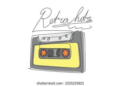 Single one line drawing vector illustration of tape spelling word retro hits. Hand drawing print design. Tape and slogan. Modern musical print. Vintage music icon. Continuous line draw design graphic