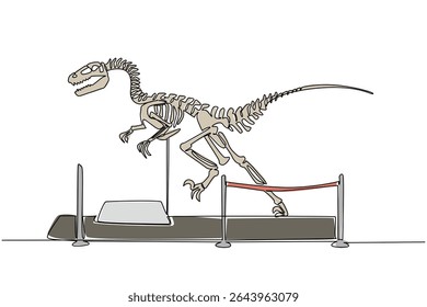 Esqueleto de dinossauro velociraptor de desenho de uma única linha na sala do museu. Falando sobre animais selvagens no passado. Ferramentas de aprendizado. Dia Internacional do Museu. Ilustração gráfica de design de linha contínua
