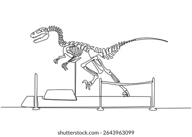 Esqueleto de dinossauro velociraptor de desenho de uma única linha na sala do museu. Falando sobre animais selvagens no passado. Ferramentas de aprendizado. Dia Internacional do Museu. Ilustração gráfica de design de linha contínua
