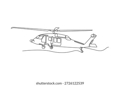 Helicóptero de transporte militar versátil de dibujo de una sola línea. Palas del rotor principal, tren de aterrizaje, ventanas de cabina de la nave, misiones de Asistencia aérea. Ilustración vectorial gráfica de diseño de dibujo de línea continua