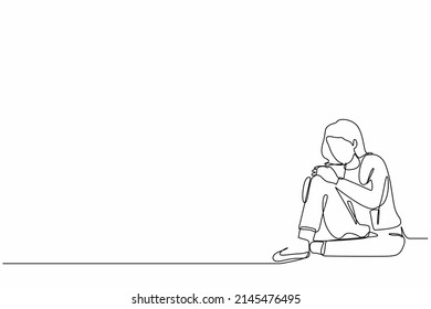 Single one line drawing very sad businesswoman sitting alone on the floor. Depressed young woman disorder, sad, sorrow, disappointment symptom. Continuous line draw design graphic vector illustration