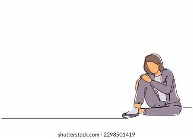 Single one line drawing very sad businesswoman sitting alone on the floor. Depressed young woman disorder, sad, sorrow, disappointment symptom. Continuous line draw design graphic vector illustration