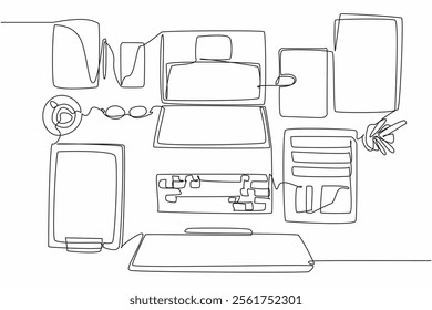 Single one line drawing a very neatly arranged work desk. Makes it easier to work and read weekly reports. Neatness keeps a good mood. Get Organized Day. Continuous line design graphic illustration