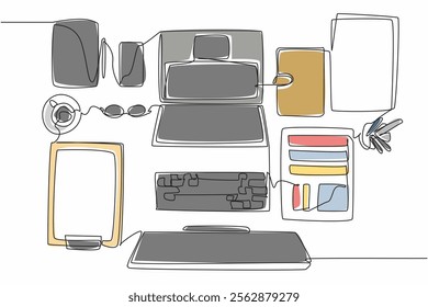 Single one line drawing a very neatly arranged work desk. Makes it easier to work and read weekly reports. Neatness keeps a good mood. Get Organized Day. Continuous line design graphic illustration