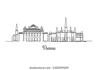 Single one line drawing Vienna city skyline, Austria. City concept. Continuous line draw design graphic vector illustration.