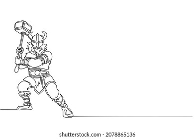 Single one line drawing viking warrior mascot swinging hammer. Viking swing attack with hammer. Viking warrior barbarian with horned helmet swinging battle hammer. Continuous line draw design vector