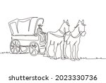 Single one line drawing vintage western stagecoach with horses. Wild west covered wagons and cowboy in desert landscape. Western with old wagon. Continuous line draw design graphic vector illustration